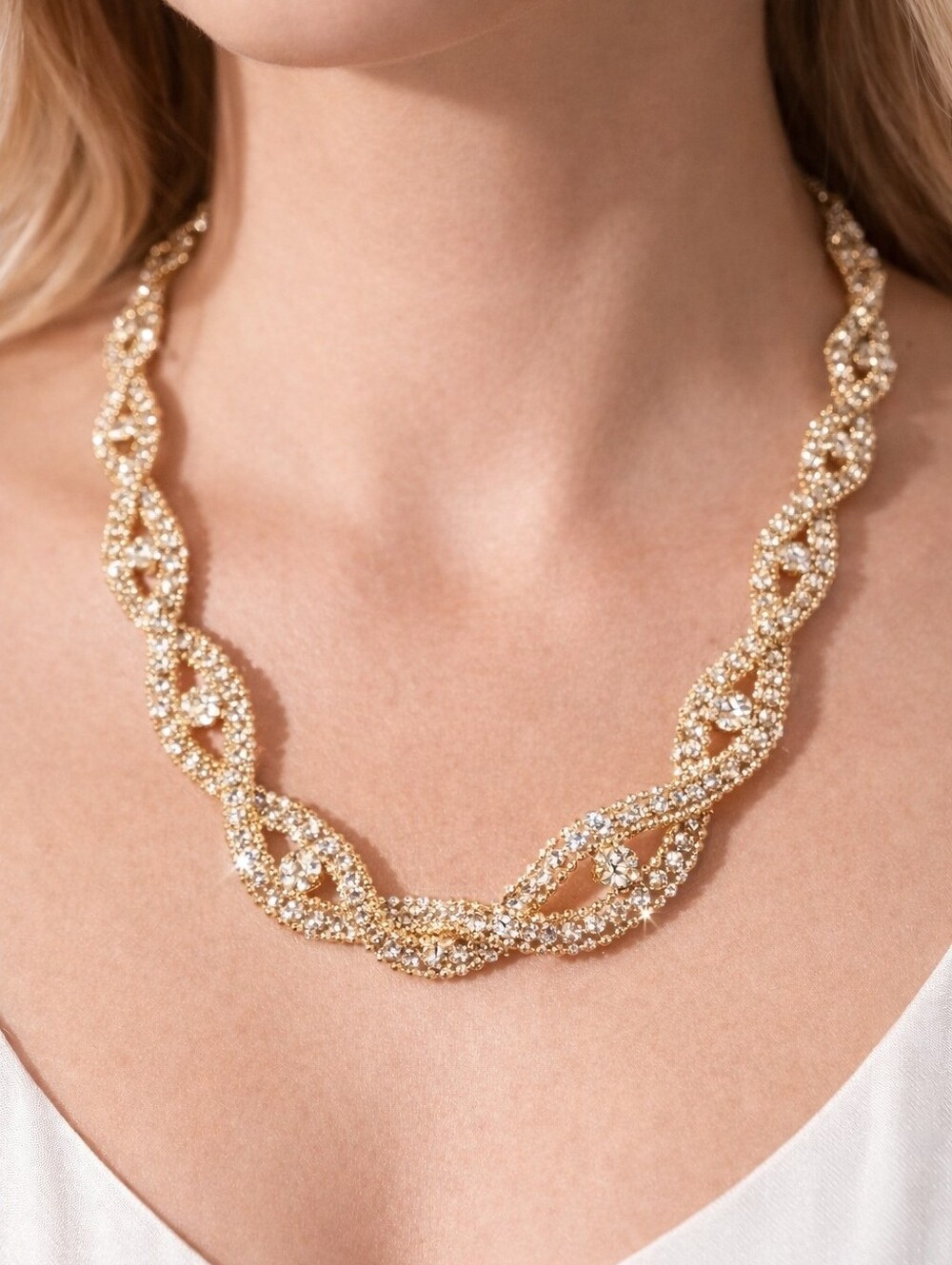 Gold Twisted Link Necklace w/ Sparkling Crystals – Adjustable 20" Statement